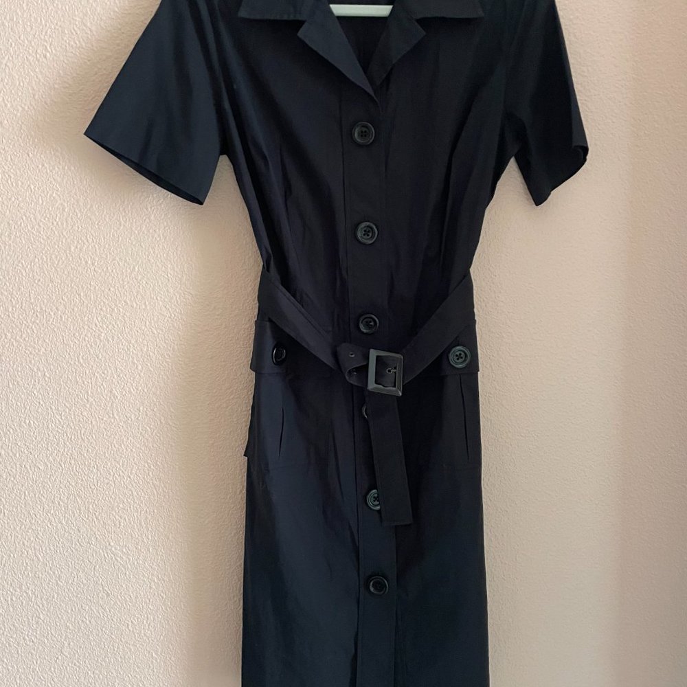 PENDLETON BLACK COTTON BLEND BELTED, COLLARED, V-NECK BUTTON-DOWN S/S SHIRTDRESS